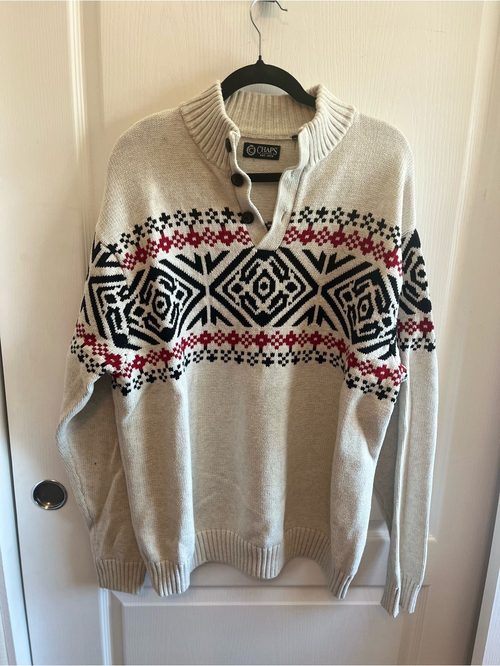 Vintage 100% Cotton Chaps Cream Heather Fair Isle Heritage Knit Sweater Size XXL